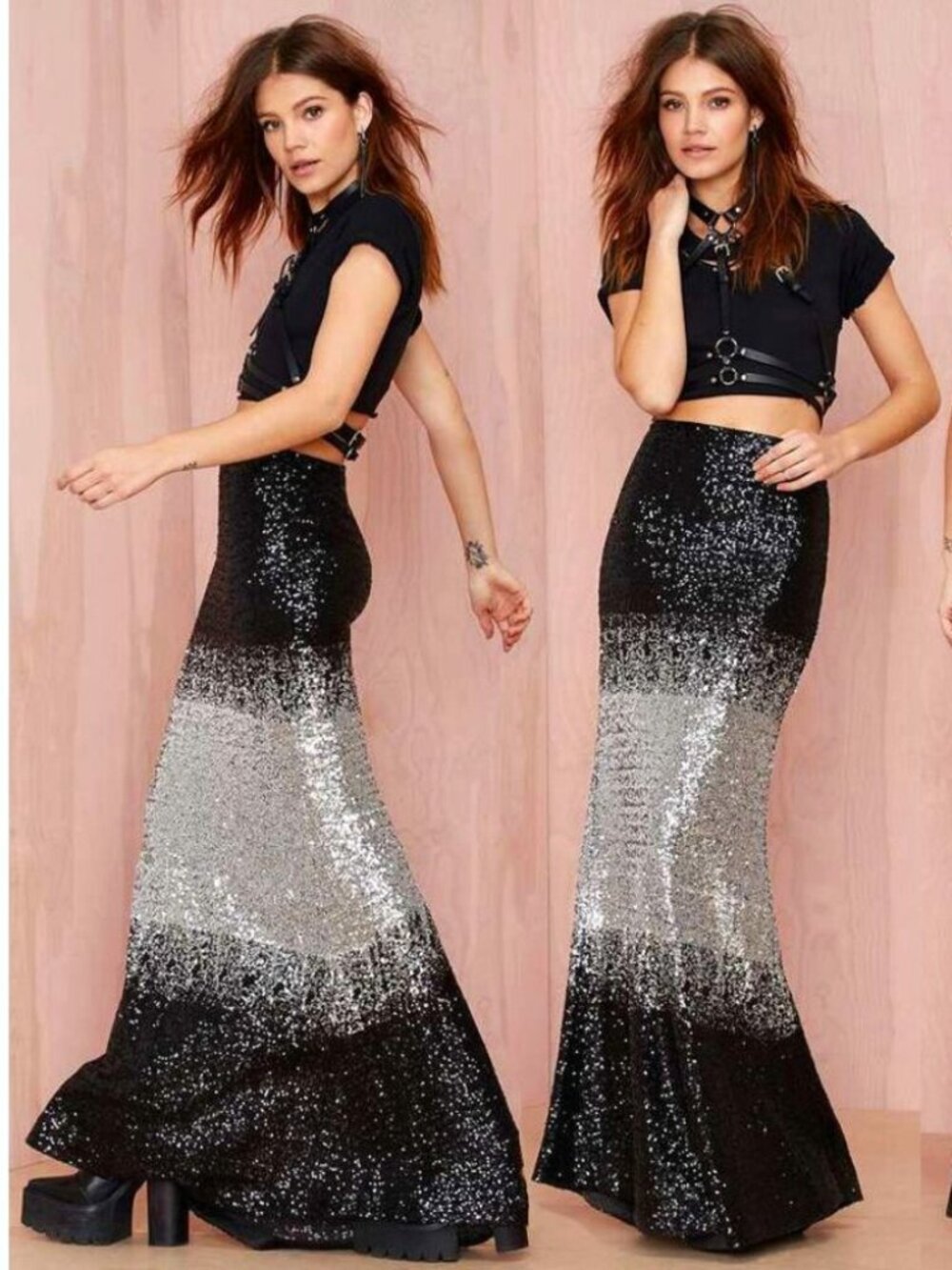 💥SHOWSTOPPER!💥Stunning Ombre Sequin Maxi Skirt in Black & Silver